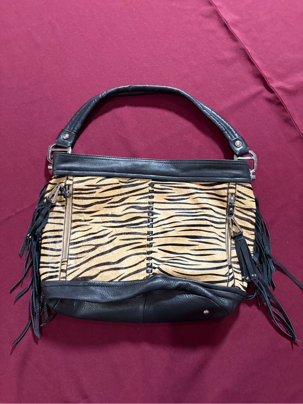 B.MOKOWSKY Black and Tan Zebra Print Hobo Bag with Fringe